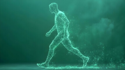 Sticker - A digital green human figure made of dots and lines walks on a dark green background.