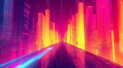 Wall Mural - A futuristic city street with tall buildings in a neon pink and yellow color scheme.