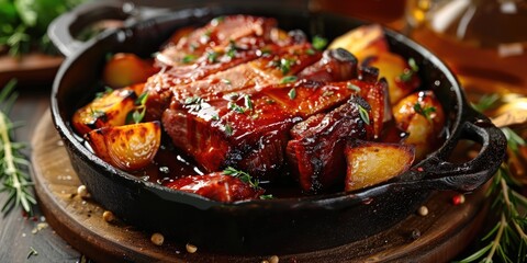 Canvas Print - Slow braised thick slices of pork bacon glazed in BBQ sauce with garlic and potatoes Captured in landscape mode