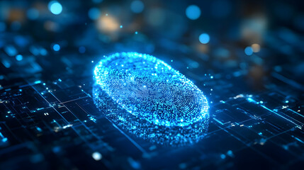 Canvas Print - A glowing blue digital fingerprint sits on a futuristic circuit board.