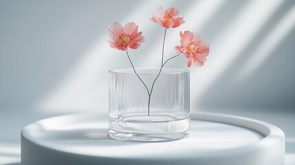 Poster - Minimal scene of white background featured few Persian Buttercup flowers inside glassware Blank round podium to display your cosmetic product or goods : Generative AI