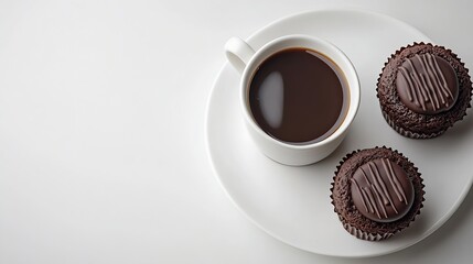 Aufkleber - Cup of black coffee with chocolate cakes on white table The concept of breakfast flat lay top view : Generative AI