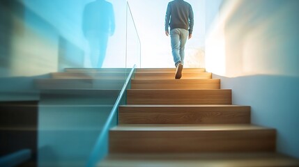 Wall Mural - Unrecognizable blurred man descending a minimalistic wooden staircase with glass balustrade in a modern house interior : Generative AI