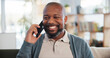 © WesLens/peopleimages.com - Couch, black man and smile with phone call for conversation, listening and connection with contact. Home, mature person and thinking with cellphone for answer, discussion and laughing at mobile joke