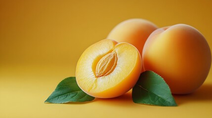 Poster - Fly fresh ripe apricot with green leaf and slice isolated on orange color background Clipping Path Full depth of field : Generative AI