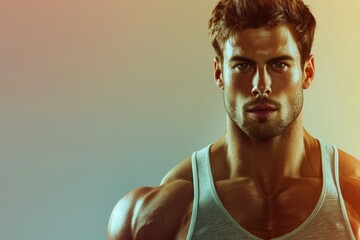 A strong, fit man with a sharp gaze and a calm demeanor, solid color background representing the integration of physical and mental fitness, ideal for gym advertising