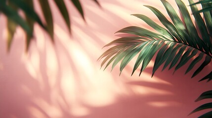 Poster - Blurred shadow from palm leaves on the light pink wall Minimal abstract background for product presentation Spring and summer Peach Fuzz Color of the year 2024 : Generative AI