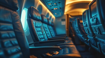 Poster - Airplane economy class seat of aircraft cabin interior when fly Empty or no passenger on board : Generative AI