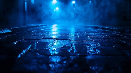 Poster - Dark street wet asphalt reflections of rays in the water Abstract dark blue background smoke smog Empty dark scene neon light spotlights : Generative AI