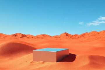 Wall Mural - An isolated podium in the red dunes of Mars, with a bright blue sky, perfect for showcasing products with a sci-fi twist