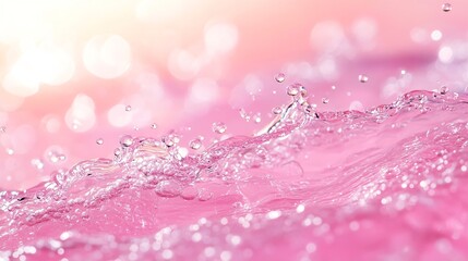 Poster - Abstract summer banner background Transparent pink clear water surface texture with ripples splashes and bubbles Water waves in sunlight with copy space Cosmetics moisturizer micellar  : Generative AI