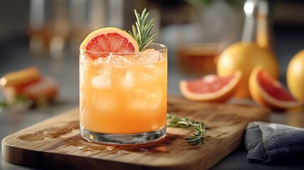 Aufkleber - Grapefruit cocktail with rosemary garnish in a glass served on a wooden cutting board Vibrant refreshing drink perfect for summer menu or cocktail recipes Greyhound lemonade paloma moc : Generative AI