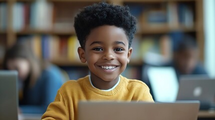 Poster - Talented Small African American Boy Using a Laptop Computer in Class Portrait of a Happy Elementary School Student Studying Hard Learning New Things Getting Modern Education Online : Generative AI