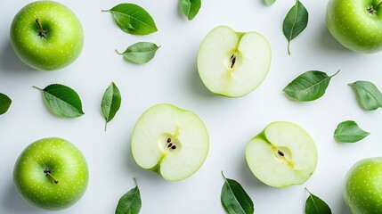 Aufkleber - Green apple and cut in half sliced with leaves isolated on white background top view flat lay : Generative AI