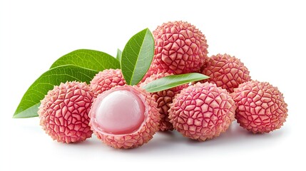 Poster - Isolated lychee Whole and peeled lychee fruits with leaves isolated on white background with clipping path : Generative AI