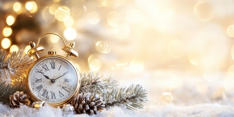 christmas background with vintage alarm clock