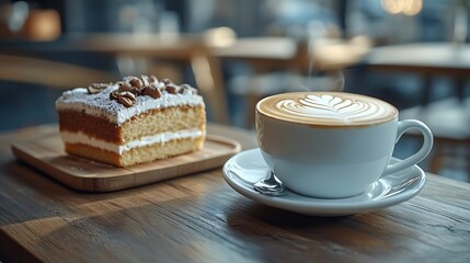 Poster - Cup of latte coffee stand on a wooden table Near on the table lie sweets cake : Generative AI