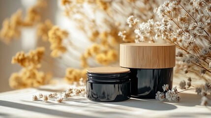 Cosmetic black jars wooden lid with cream or lottion and dry plant Skincare cosmetic with wildflowers White background with daylight and beautiful shadows Beauty concept for face and b : Generative AI