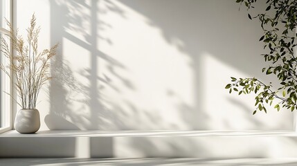 Poster - White Wall Studio BackgroundEmpty Grey Room Background with Light Leaves Shadow on Table Top Surface TextureBackdrop Mockup Display Podium Design for displaying product present of Cosm : Generative AI