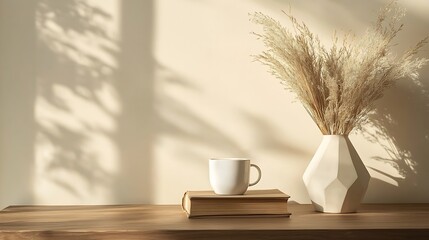 Wall Mural - Elegant interior still life Modern organic geometric shaped vase with dry flowers grass Pile of old books cup of coffee on wooden table Home staging minimal decor concept Blank beige w : Generative AI