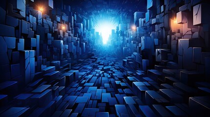 Fototapete - an eerie, stone corridor with illuminated openings that lead to the unknown.