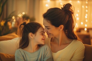 High-resolution brightly lit photorealistic candid photograph of a mother and daughter bonding together in a warm, inviting living room. The image is styled like a high-end lifestyle magazine, with a