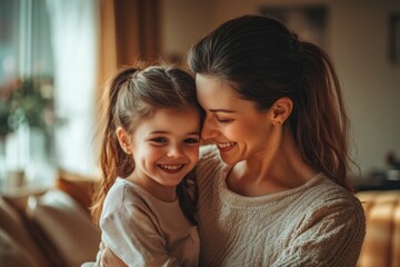 High-resolution brightly lit photorealistic candid photograph of a mother and daughter bonding together in a warm, inviting living room. The image is styled like a high-end lifestyle magazine, with a