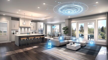 Sticker - A 3D rendering of a smart home equipped with the latest technology and automation features.