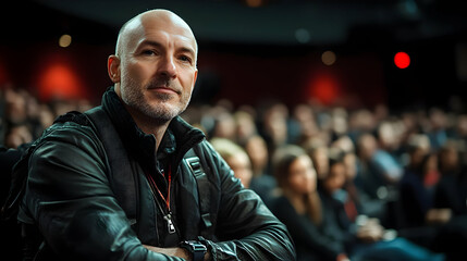 A man in a black leather jacket with a serious expression sits among a crowd of people.