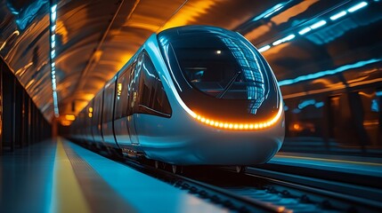 Aufkleber - Modern high speed monorail train with bright headlights passes through the station : Generative AI