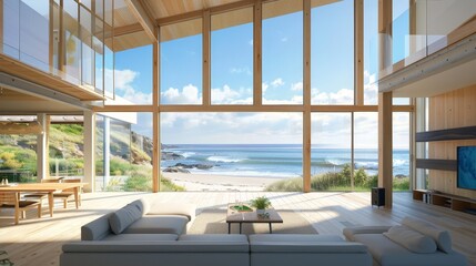 Poster - A 3D visual of a beach house with large windows offering panoramic ocean views.