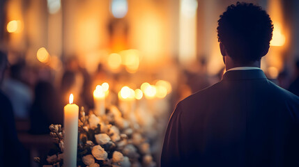 A man in a suit stands with his back to the camera, looking at a lit candle and a blurry church interior.