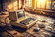 © kittipon - nostalgic melancholic blurry warm toned photograph of an old vintage computer with worn keyboard and faulty wires amidst scattered papers