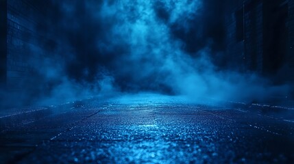 Poster - A dark empty street dark blue background an empty dark scene neon light spotlights The asphalt floor and studio room with smoke float up the interior texture night view : Generative AI