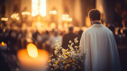 A man in a white robe stands in front of a congregation during a ceremony in a church with candles lit.