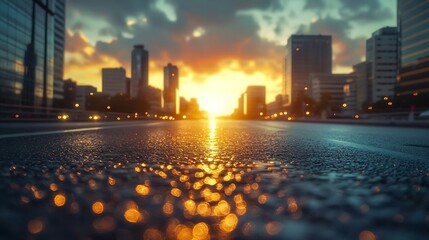 Aufkleber - asphalt highway road and modern city buildings at sunset : generative ai