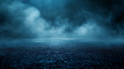 Poster - Dark street asphalt abstract dark blue background empty dark mountain range scene with smoke mist cold white float up for display products : Generative AI