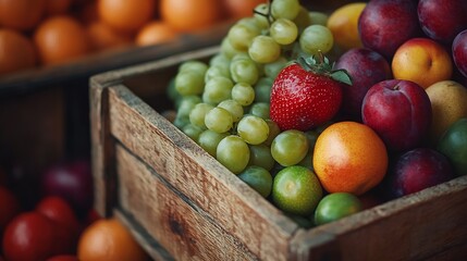 Poster - fresh fruits in wooden box : Generative AI