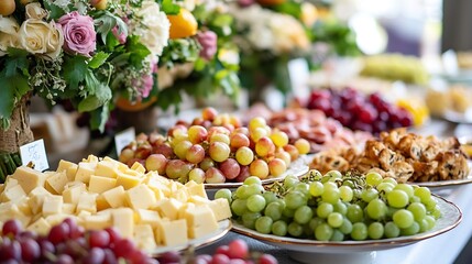 Wall Mural - table cheeses paes finger food grapes and salads party buffet wedding decoration dishes flowers arrangements restaurant dining table image : Generative AI