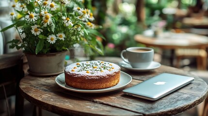 Poster - Photos of macadamia cake with chamomile tea on a coffee shop garden table with a notebook computer next to it : Generative AI
