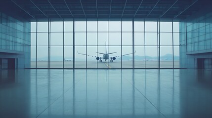 Poster - Empty airport hall with taking off airplane behind window : Generative AI