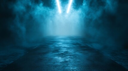 Poster - Abstract technology dark blu empty street asphalt floor studio room with smoke floating up the interior texture transportation  background neon light spotlight laser future digital tec : Generative AI