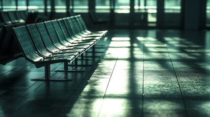 Poster - Empty airport seatings airport waiting chairs and grid tiles floor with light and shadow in the morning or evening : Generative AI