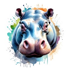 Wall Mural - Hippopotamus head watercolor art style logo on plain white background