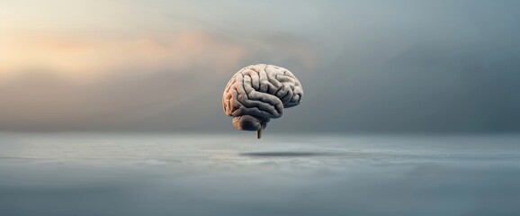 Wall Mural - A brain is floating in the air on a grey background