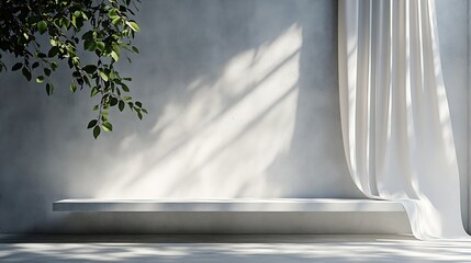 Aufkleber - White concrete empty table organic curtain and plant shadow on cement wall Summer exterior scene for product placement mockup Neutral minimal aesthetic : Generative AI