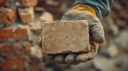 Poster - Male builder hand in gloves holding clay brick on background of brickwork wall Repair and redevelopment apartments concept : Generative AI