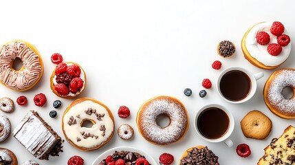 Poster - Table with various cookies donuts cakes cheesecakes and coffee cups on white background  Delicious dessert table Top view flat lay copy space : Generative AI