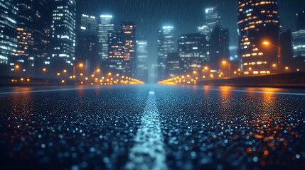 Poster - Asphalt road city glass buildings at night : Generative AI