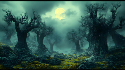 Wall Mural - A mystical forest with large, gnarled trees under a bright full moon.